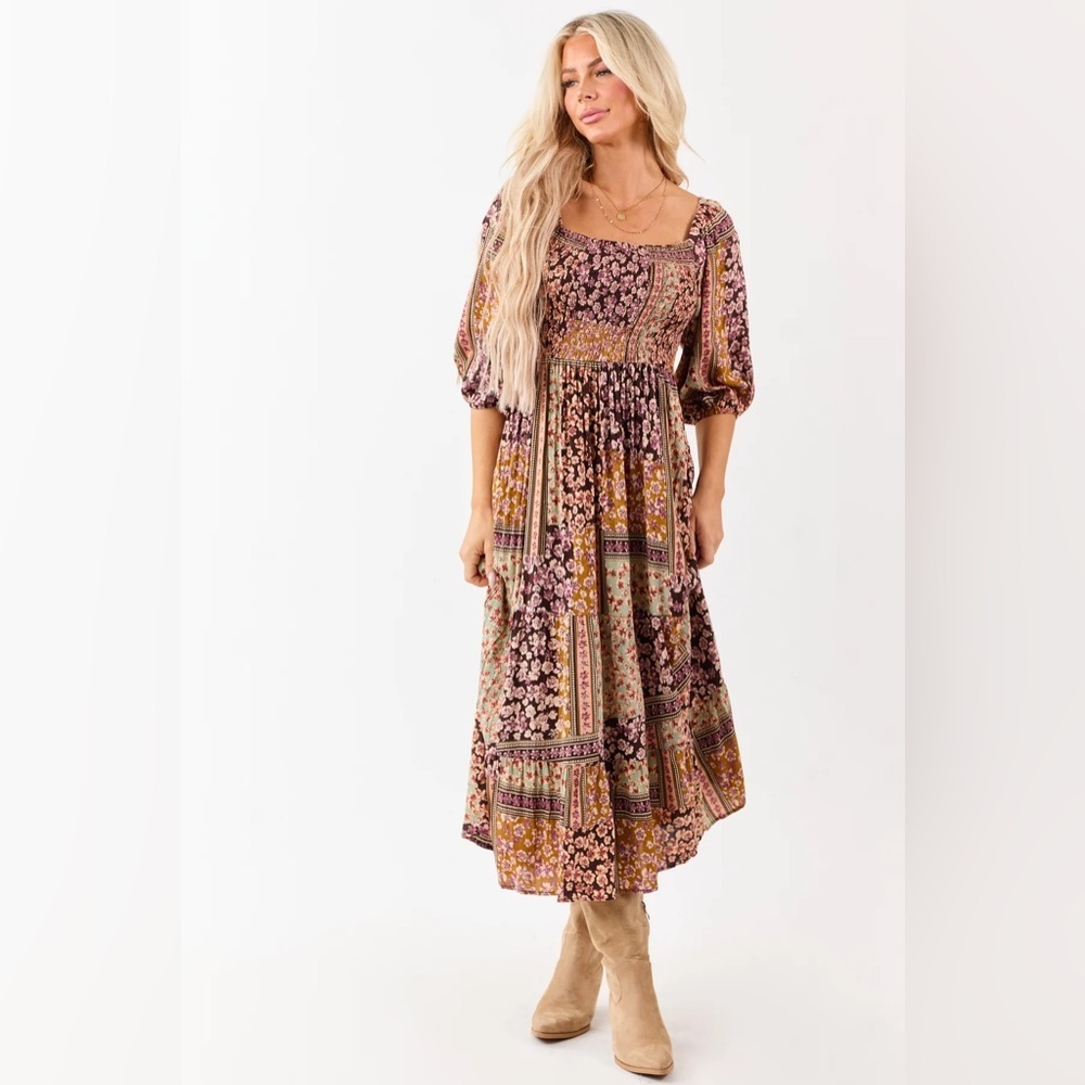 NWT Boho Mixed Floral Patchwork Print Smocked Balloon Sleeve Maxi Midi Dress - Picture 5 of 9